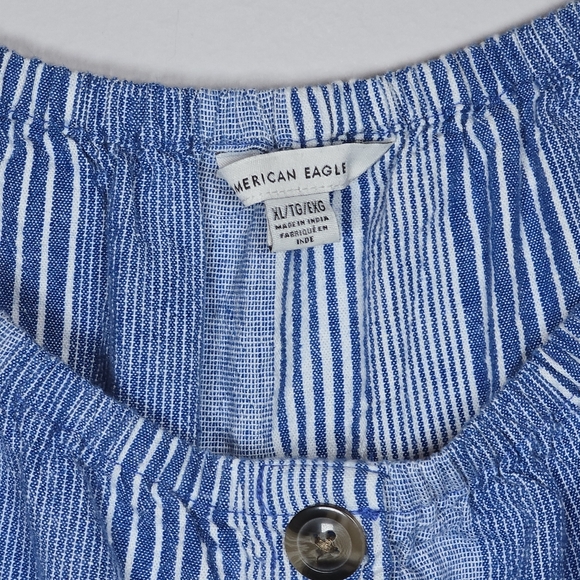 American Eagle Linen Blend Cropped Button Up Front Tie Top Stripe Puff Sleeve XL - Picture 2 of 9